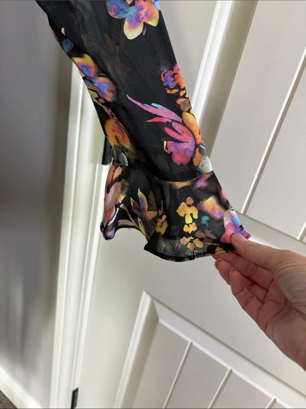 Amanda Uprichard Collier blouse colorful floral print black ruffled Mirabella S